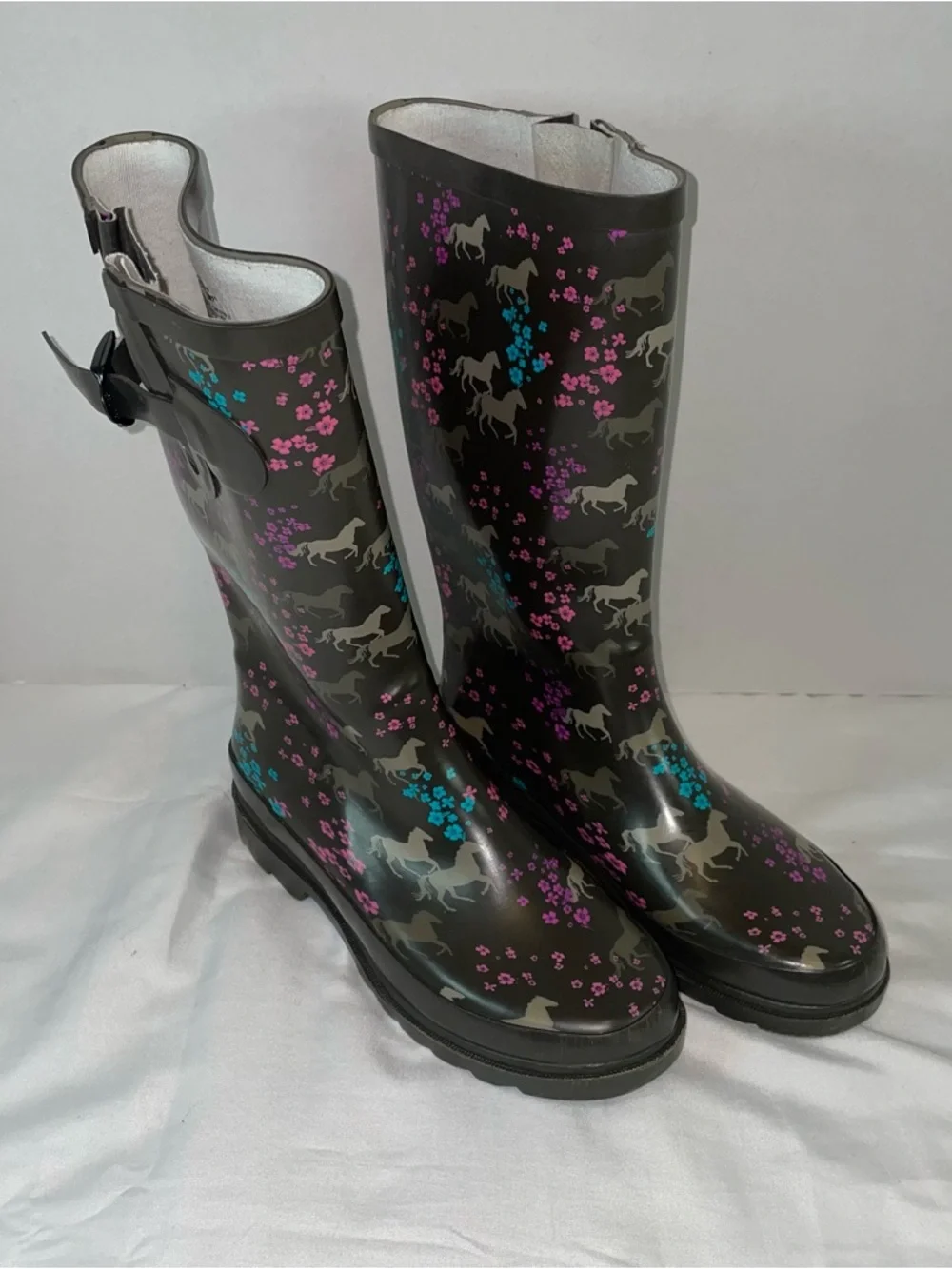 Western Chief Black Floral Horse Rain Boots with Pink & Blue Accents